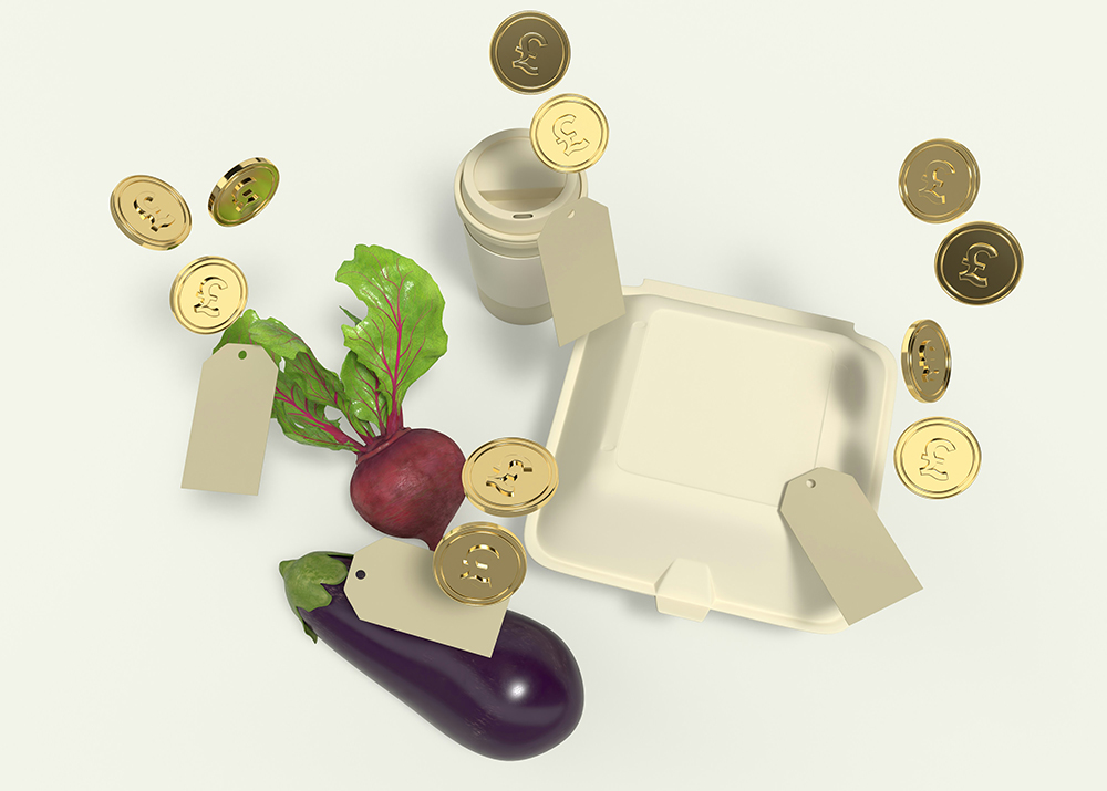 Illustration of food items including vegetables and a takeaway food and coffee cup, all with blank price tags, with gold coins with pound signs on falling on them.