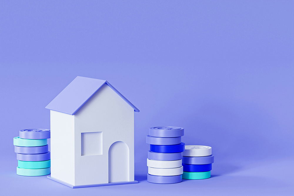 Illustration of a house with piles of coins on either side. The colour tones of the illustration are blues and whites.