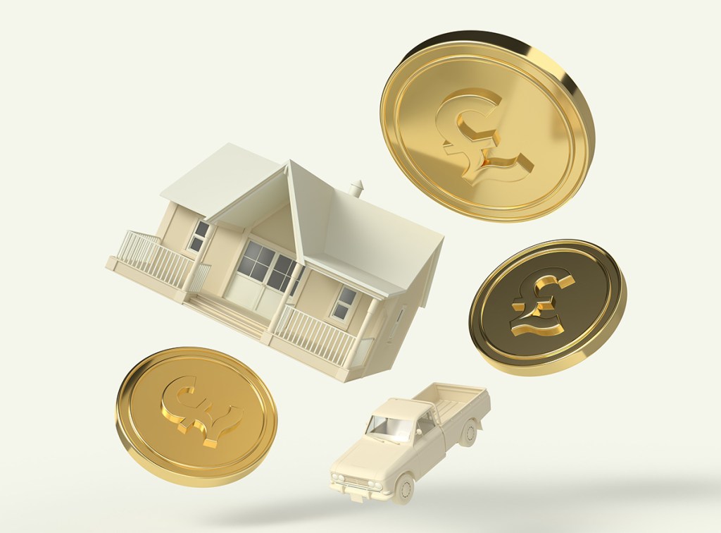 Cream model of a house and a truck with three gold coins with pound signs on floating around the models