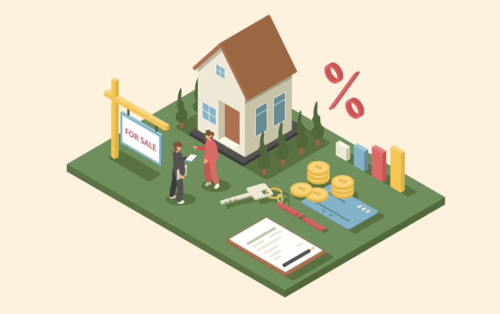 An illustration of a house with a line of trees on each side and a for sale sign with two people. To the right is a percentage sign, money a key on a keyring and a clipboard and pencil