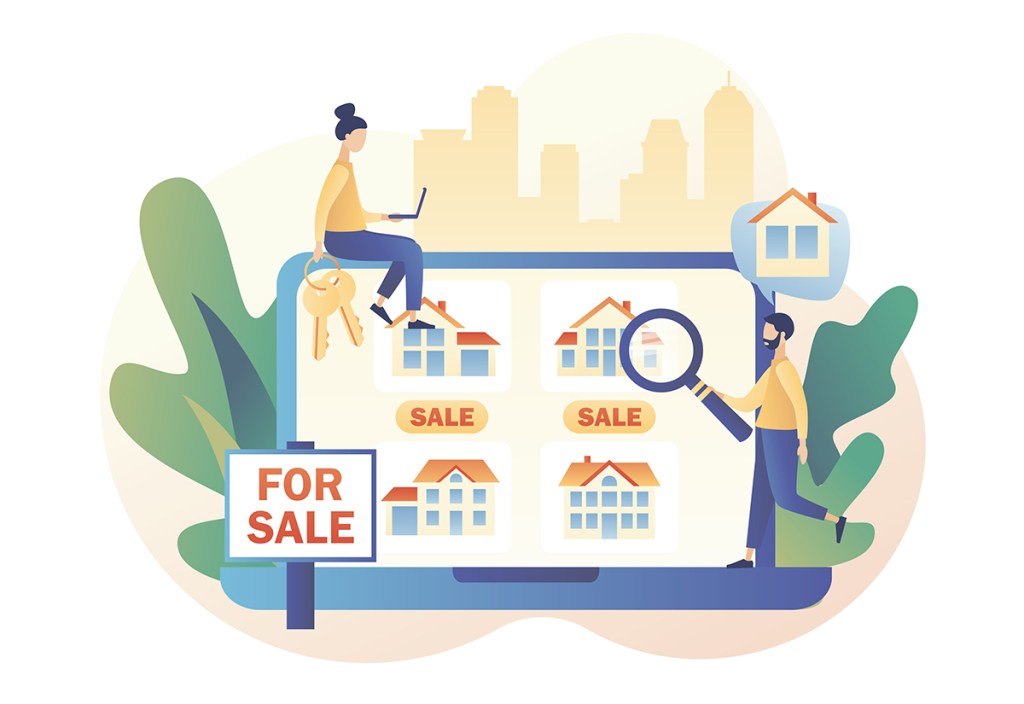 An illustrated image of a laptop with homes for sale. One person is sat on top of the laptop with keys on a keyring, and another person has a magnifying glass