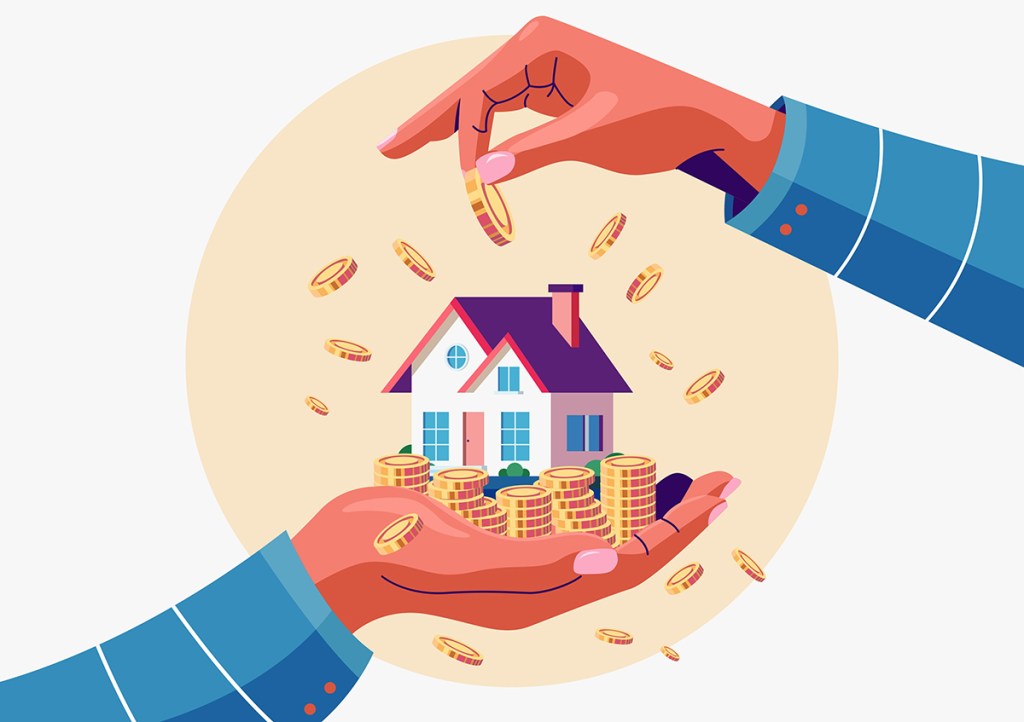 An illustration of an upturned palm of a hand with a house on it, surrounded by stacks of coins. Another hand is dropping coins around the house from the top