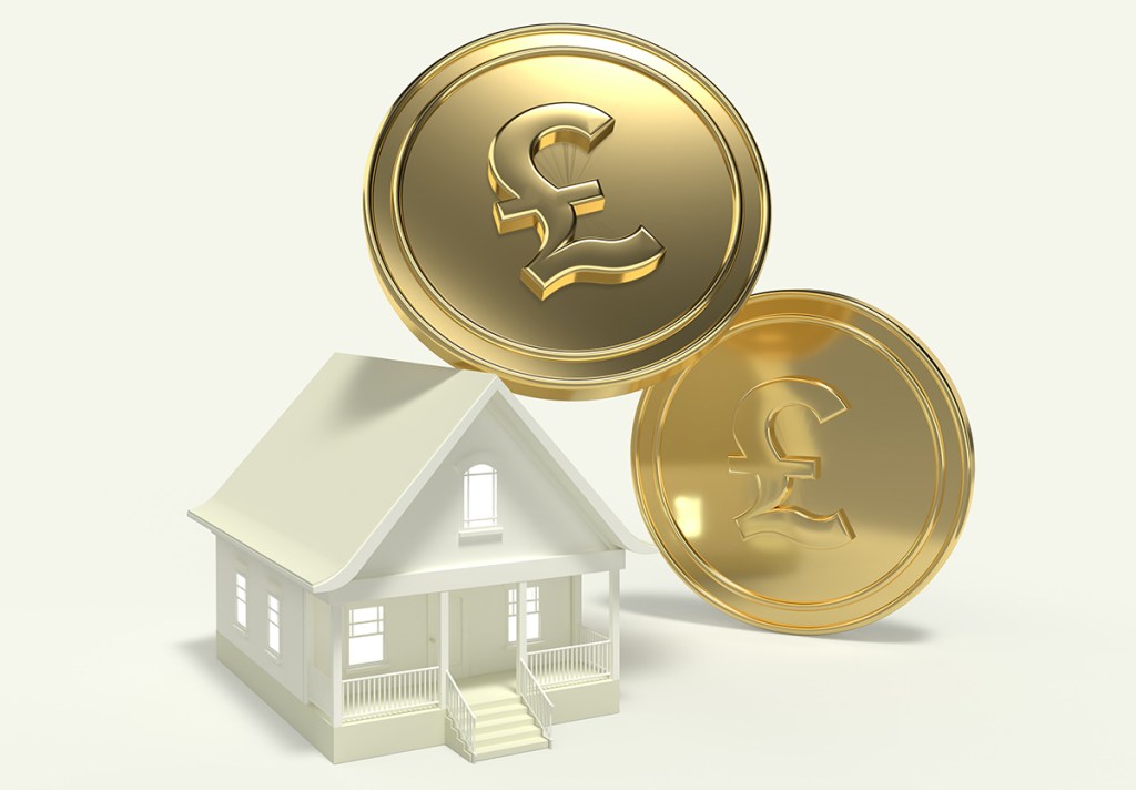 An illustration of a white model home with two large gold coins next to it.