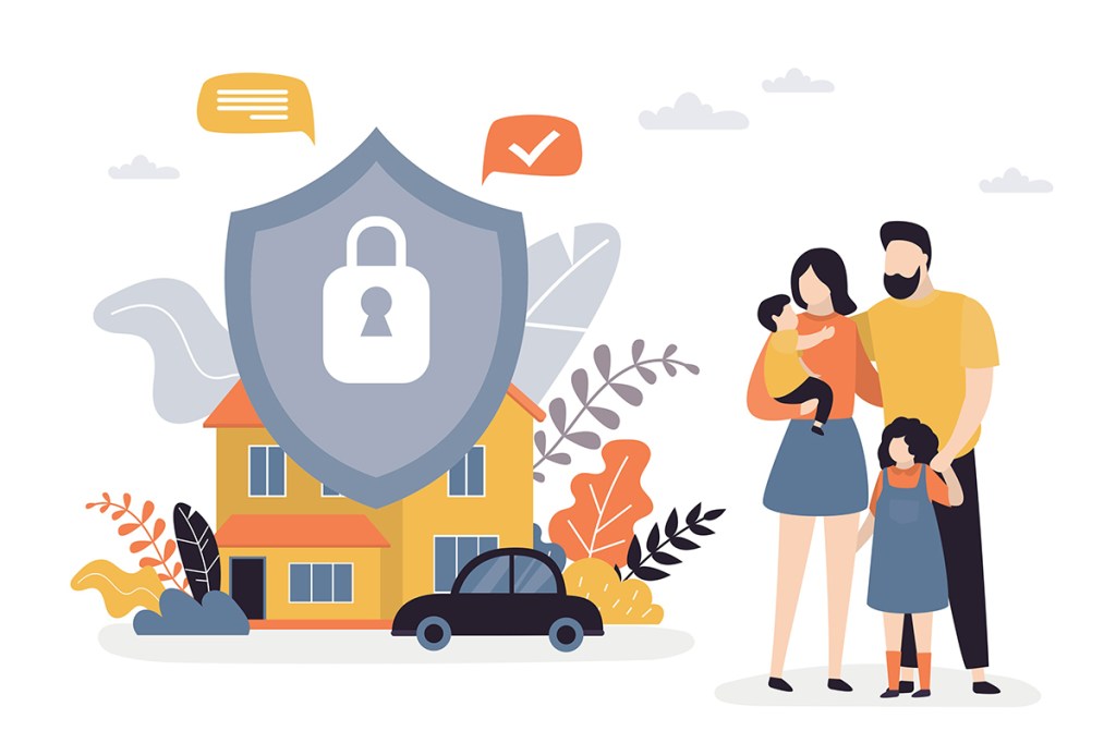 An illustration of a family next to a house with a car outside and a shield with a padlock on it over the top